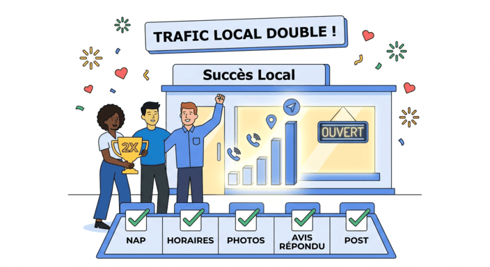 Équipe célébrant le doublement du trafic local avec des graphiques de performance en hausse.