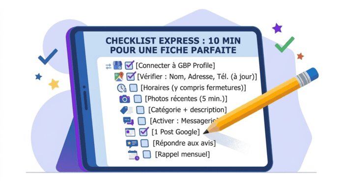 Tablette affichant une liste de contrôle pour l'entretien régulier d'un profil Google My Business.