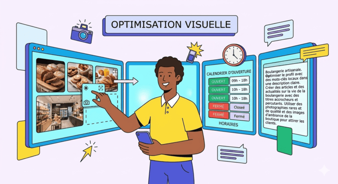 Interface d'optimisation visuelle montrant l'ajout de photos de produits et la rédaction d'une description optimisée SEO.