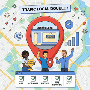 Illustration carrée montrant un commerce local en succès au centre d'une carte Google Maps stylisée.