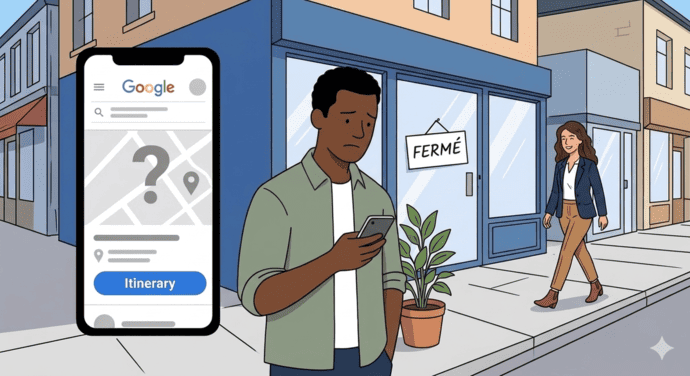 Client déçu consultant son smartphone devant un commerce fermé à cause d'horaires Google Maps incorrects.