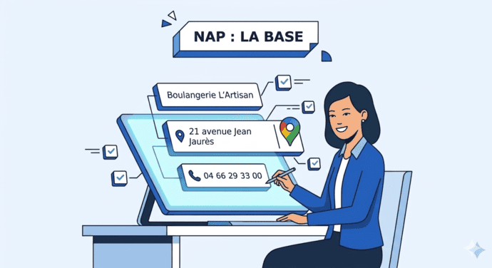 Professionnelle mettant à jour l'adresse et le numéro de téléphone d'une boulangerie sur Google Business.