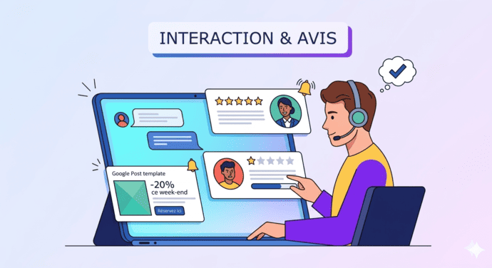 Gestionnaire de compte répondant à des avis Google et publiant une promotion via un Post Google.